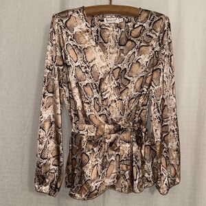 Sunny Girl 14 Python Snake Print V-Neck Front Wrap Peplum Long Sleeve Blouse